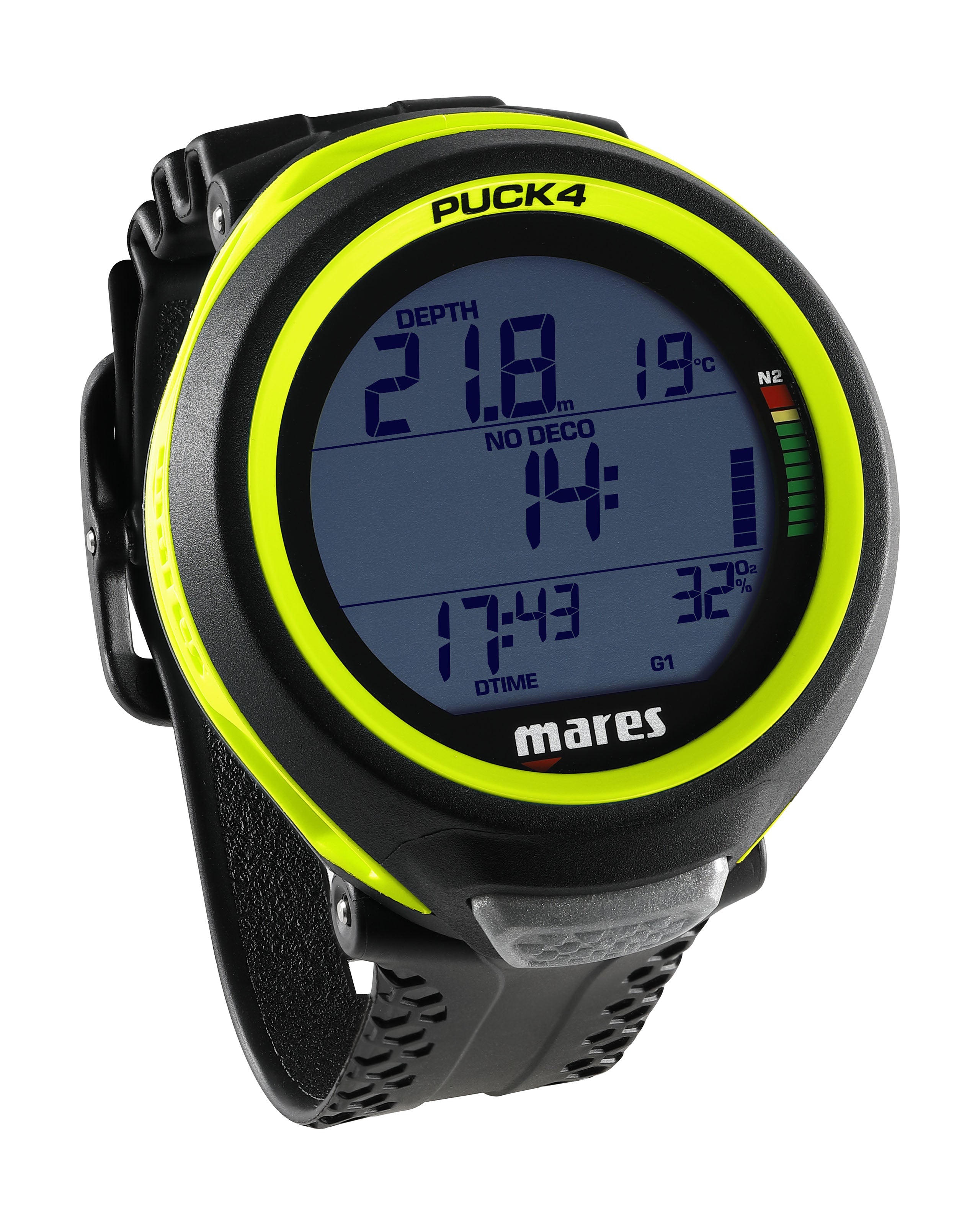 Mares Puck 4 dive computer display underwater in Yellow