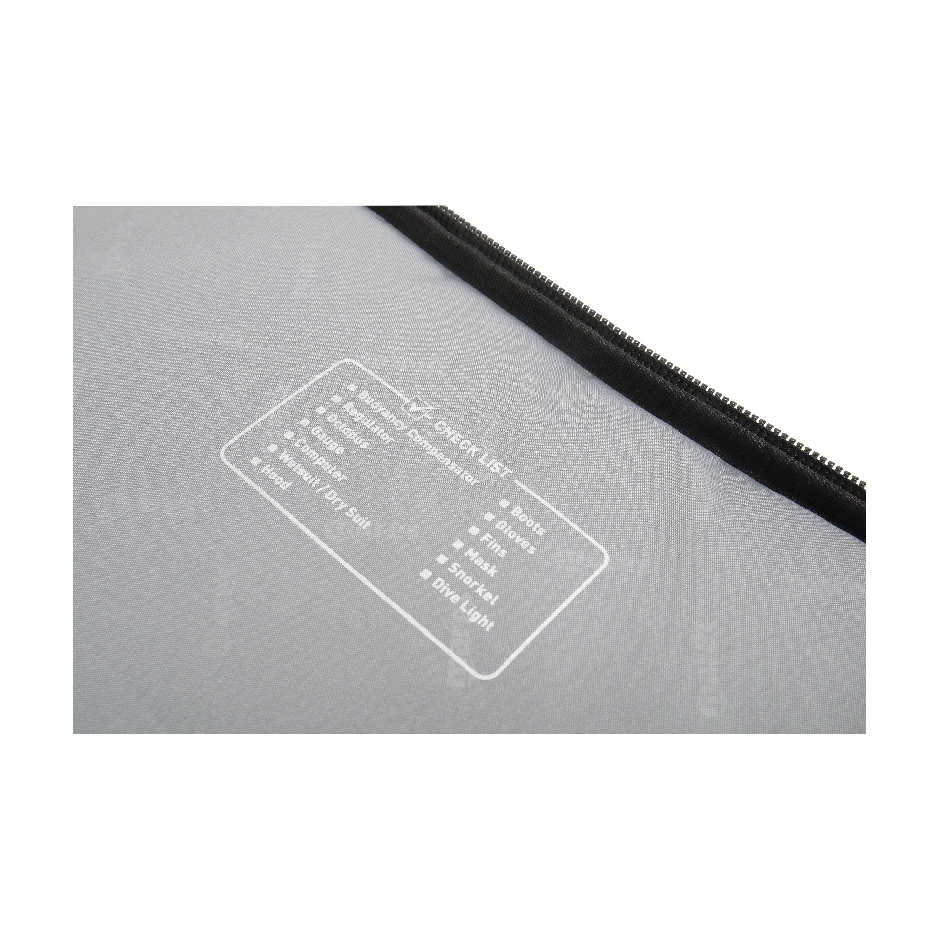 Gray pouch with a black zipper and white text on a white background