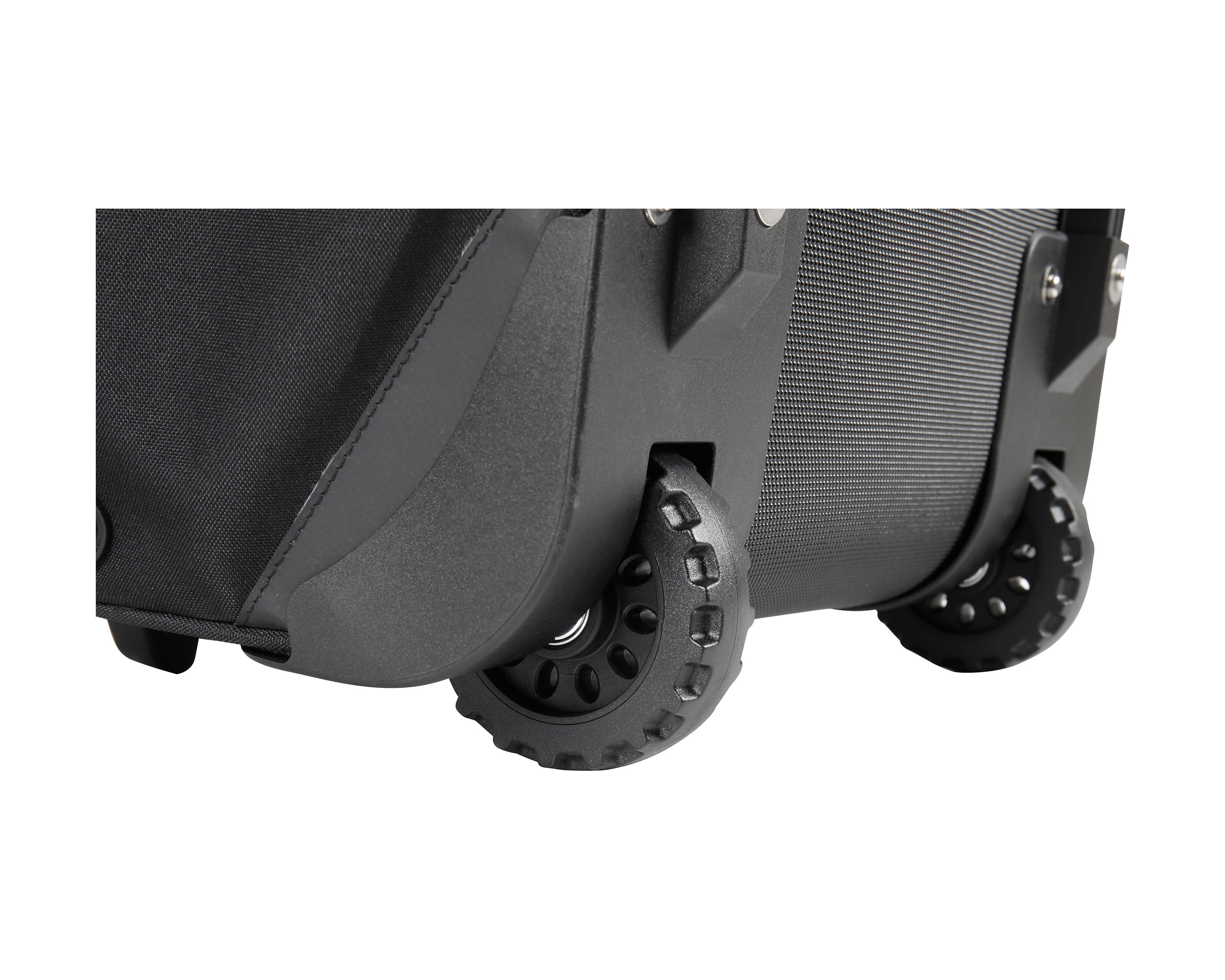 Close-up of a black suitcase with wheels on a white background