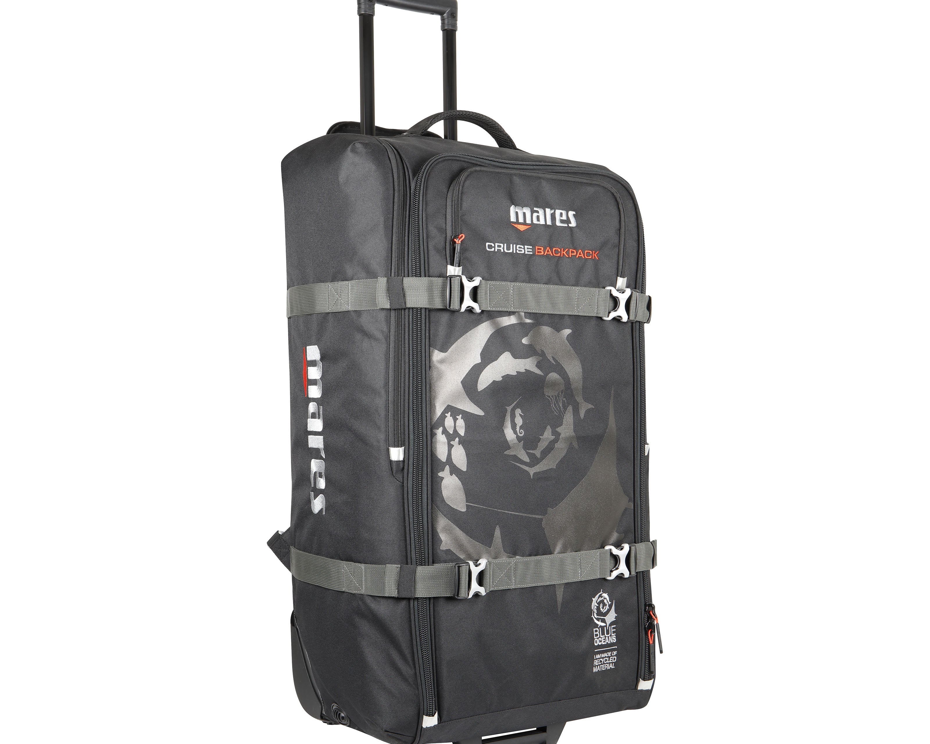 Black rolling backpack with Mares branding on a white background