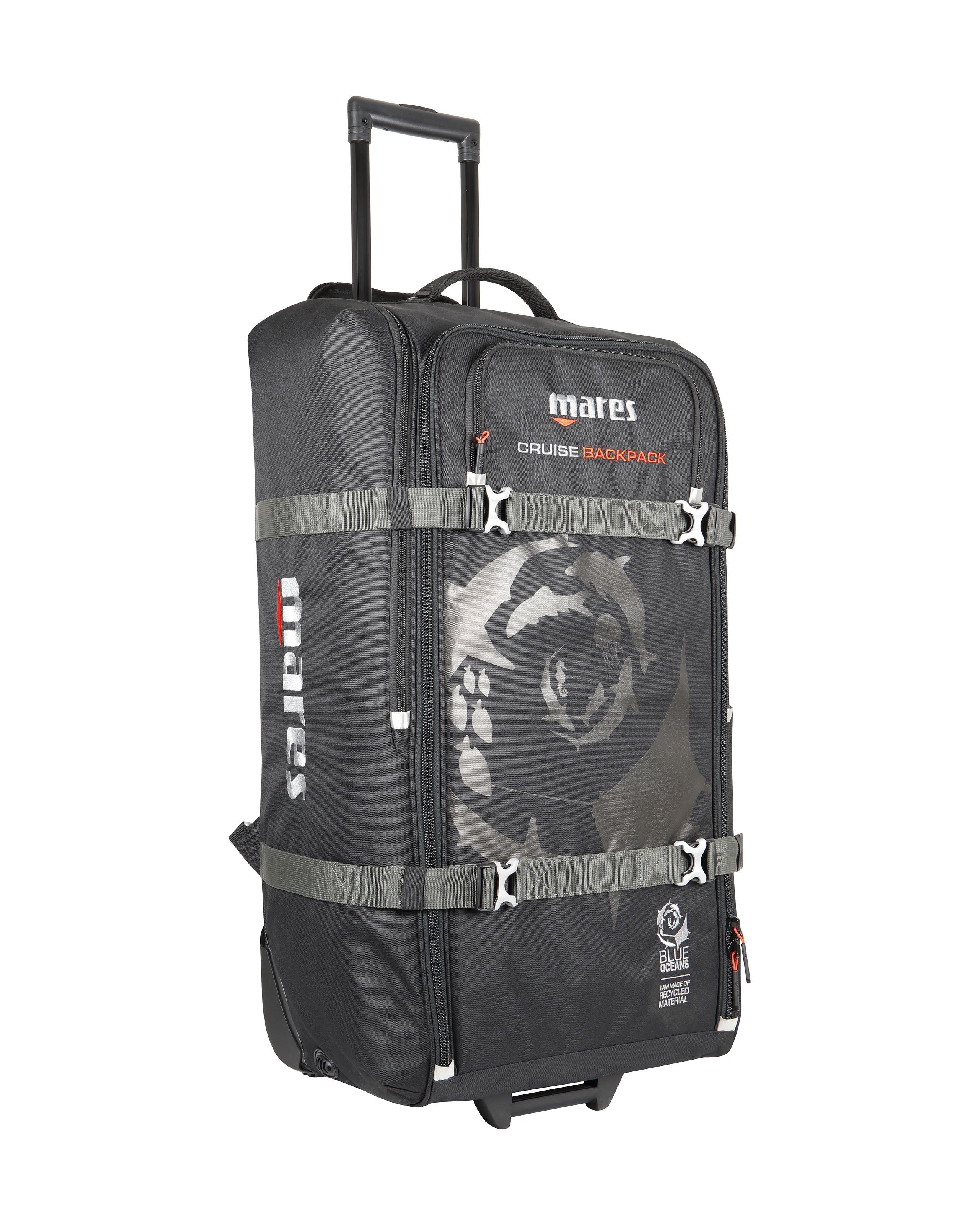 Black rolling backpack with Mares branding on a white background