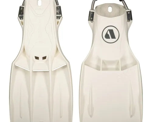 A pair of white Apeks RK 4 scuba diving fins with adjustable straps and stainless steel hinges.