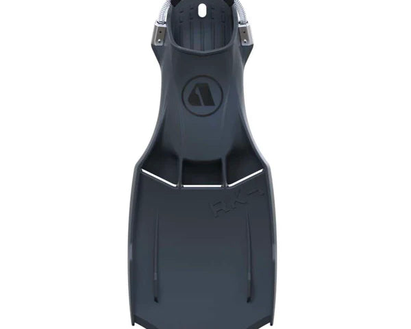 A pair of white Apeks RK 4 scuba diving fins with adjustable straps and stainless steel hinges.