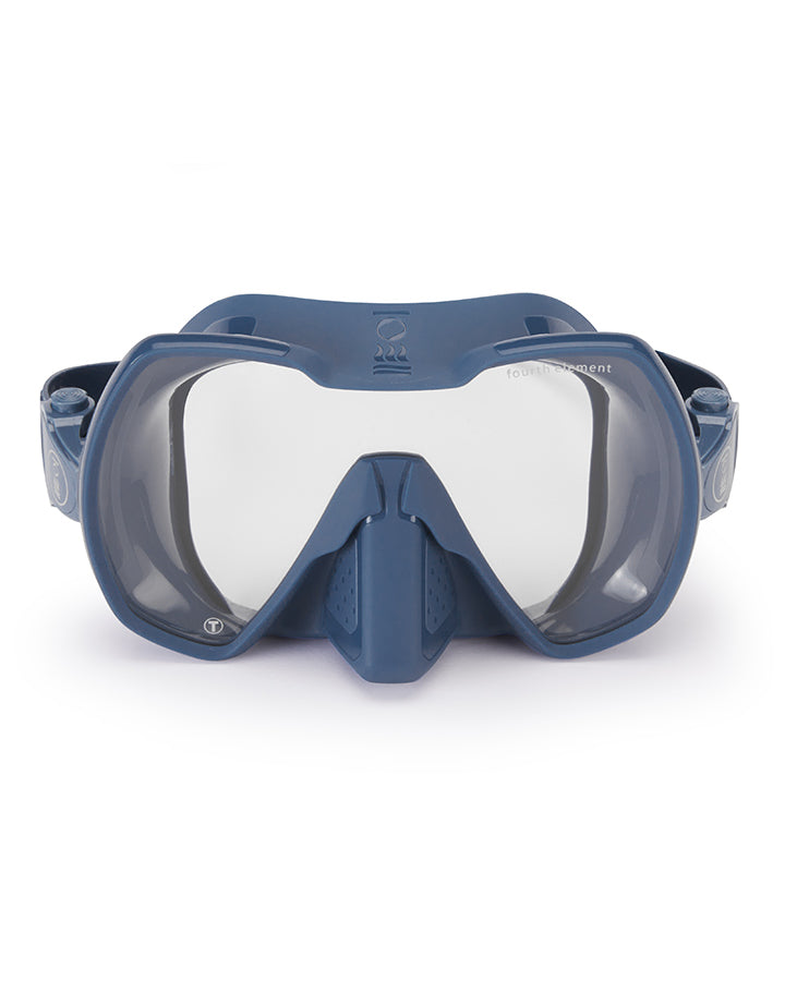 A black diving mask with a single lens and a soft silicone skirt, designed for wide field of vision and comfortable fit.