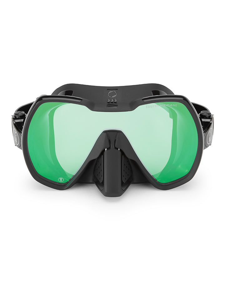 A black diving mask with a single lens and a soft silicone skirt, designed for wide field of vision and comfortable fit.
