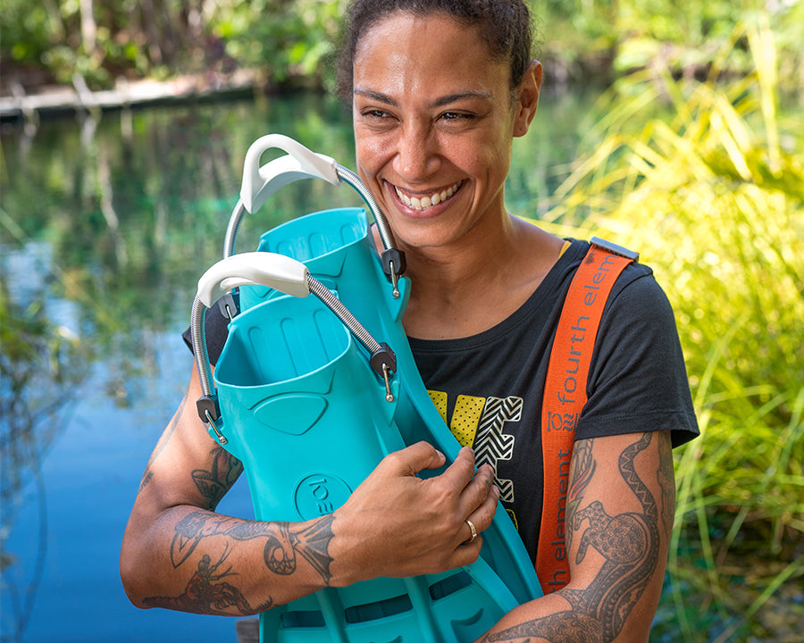 Tech Fins Fourth Element Aqua Blue with a Diver