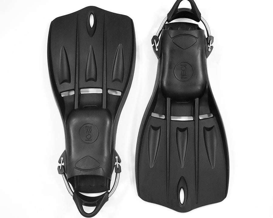 A pair of blue Tech Fins designed for scuba diving, featuring a vented blade and spring straps.