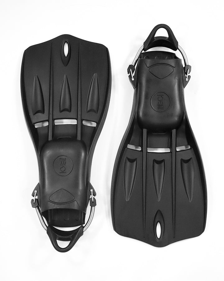 A pair of blue Tech Fins designed for scuba diving, featuring a vented blade and spring straps.