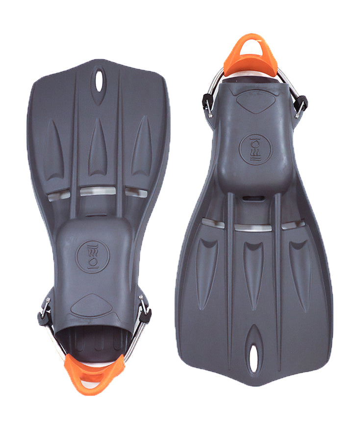 A pair of blue Tech Fins designed for scuba diving, featuring a vented blade and spring straps.