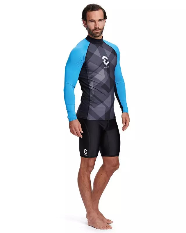 Men's DYNAMICNORD Rashguard with blue sleeves and geometric design, perfect for UV protection in watersports.