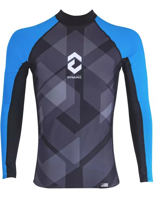 DYNAMICNORD men's rashguard with blue and black design, featuring UPF 50+ for sun protection and breathable fabric.