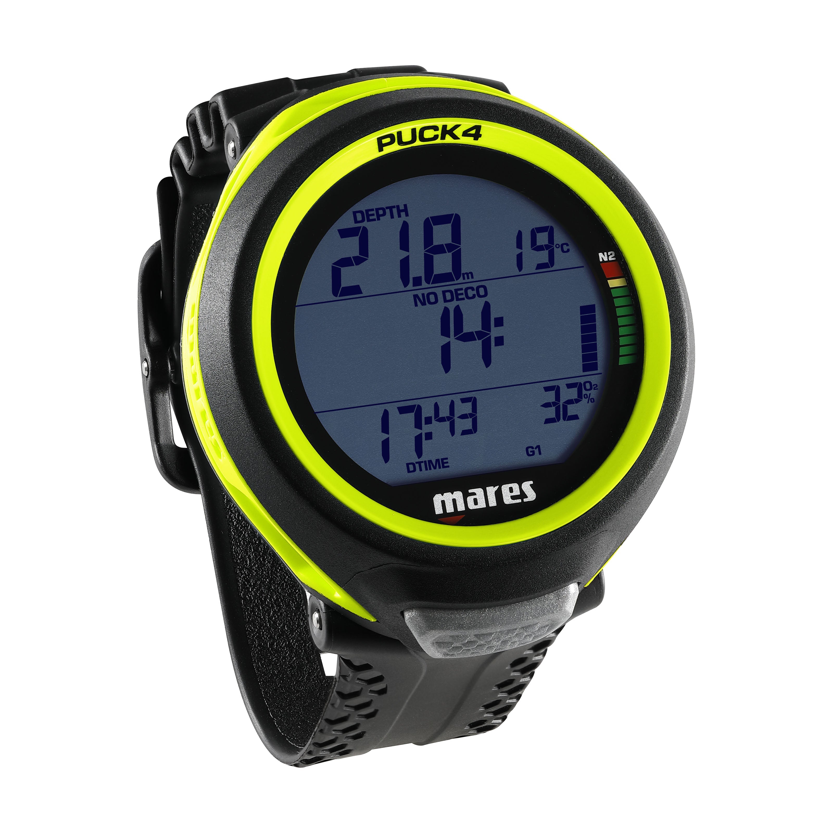 Mares Puck 4 dive computer display underwater in Yellow