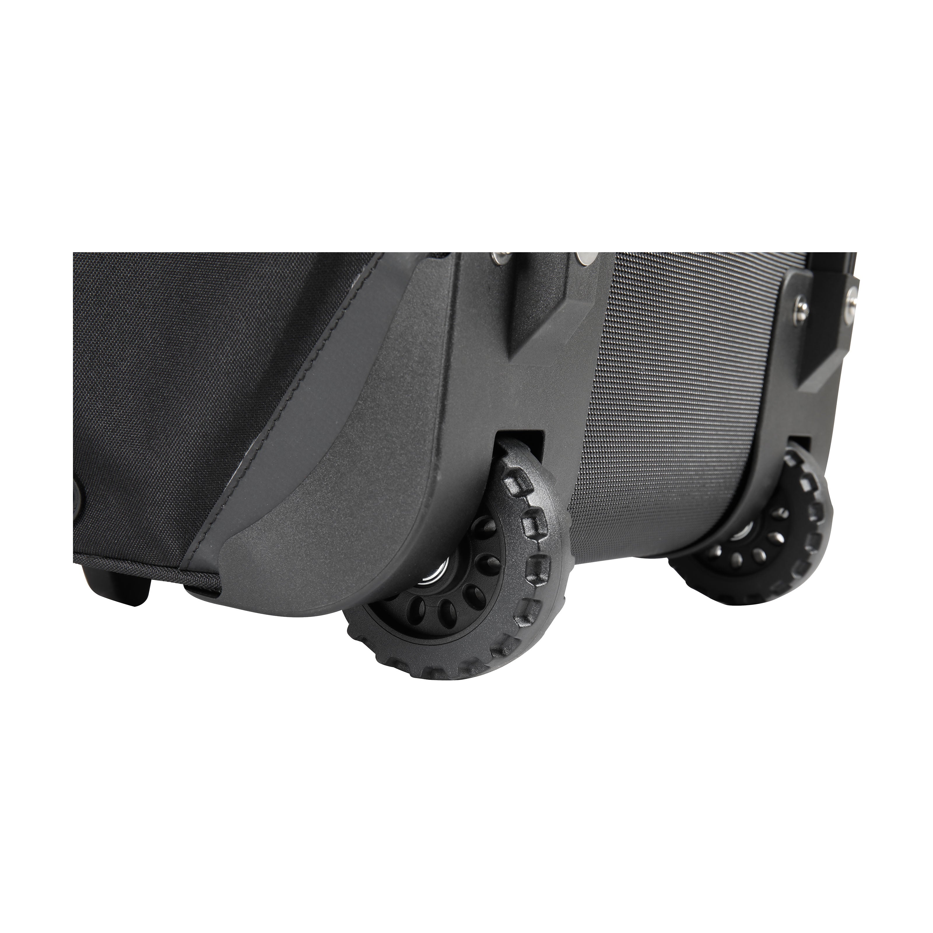 Close-up of a black suitcase with wheels on a white background