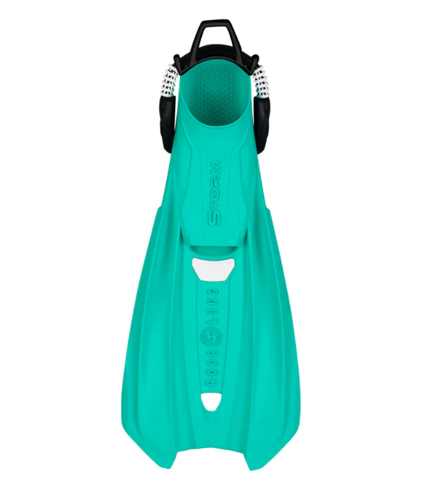 glacier blue diving fin with black straps from Aqualung. Storm fins Glacier