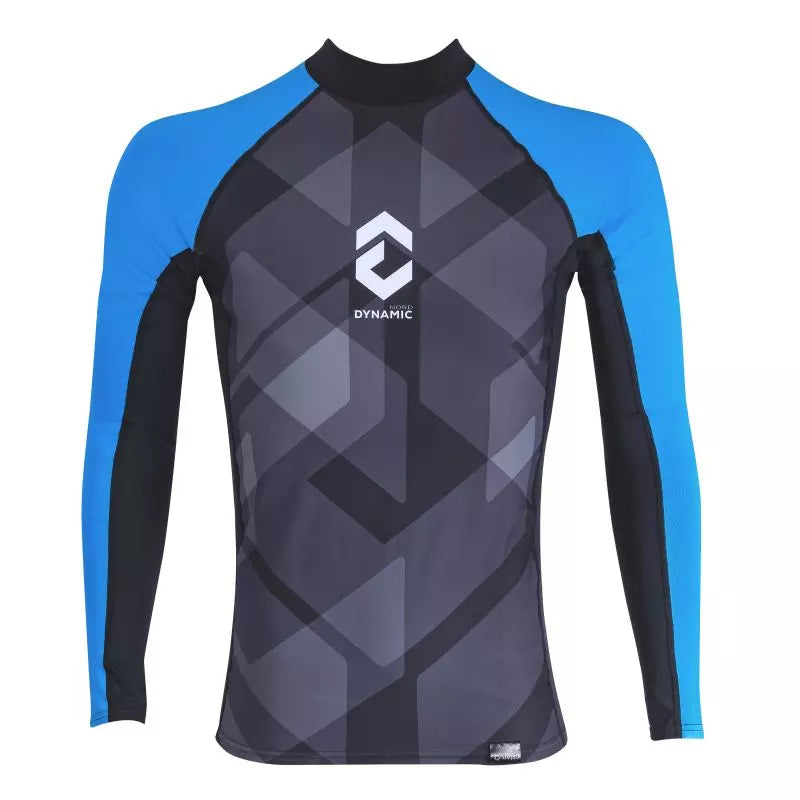 DYNAMICNORD men's rashguard with blue and black design, featuring UPF 50+ for sun protection and breathable fabric.